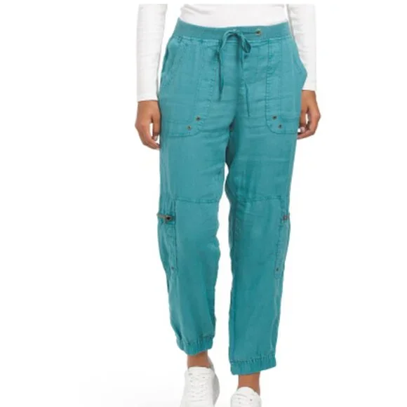 WEARABLES BY XCVI 100% Linen Malachi Banded Cargo Jogger Pants in Blue/Green - Picture 1 of 10